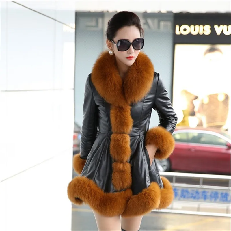 Blanc Style Femmes Femelle Plus Coréen La Arrivée Long marron Faux De Renard 5xl Fourrure Manteau noir Taille Patchwork 2019 Slim Fit Vêtements Pu Nouvelle 6xl 8p5qBx