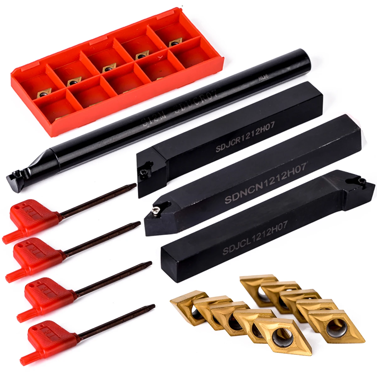 10pcs DCMT070204 Carbide Insert + 4pcs 12mm Boring Bar Tool Holder + 4pcs Wrench For Lathe Turning Tool
