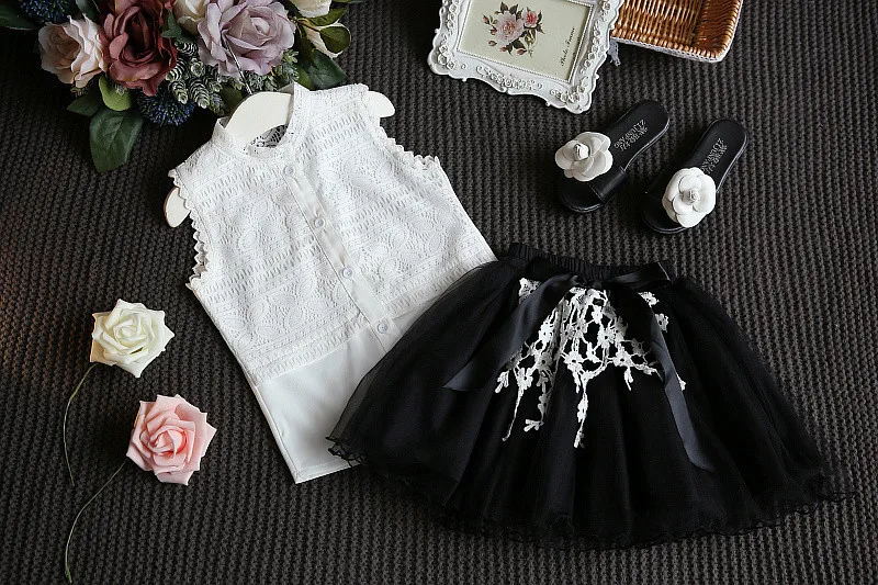 Fashion Children Clothing Sets Summer Girls Clothes 2018 New Kids Sleeveless Lace Shirt Skirt Suits 2Pcs Cotton Girl Outfits Set (11)