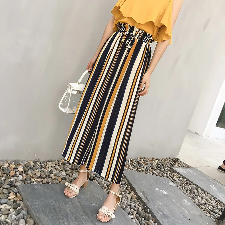 

Chiffon wide leg pants female summer high waist 2018 spring Bohemian pant thin section nine points pants beach wide leg pants
