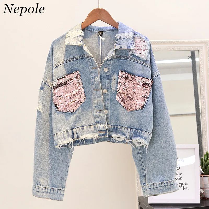 

Neploe 2019 Shinny Sequins Pockets Spring Autumn Outwear Frayed Fashion Coat Cool Girl Denim Jacket Single Breasted Coat 69611
