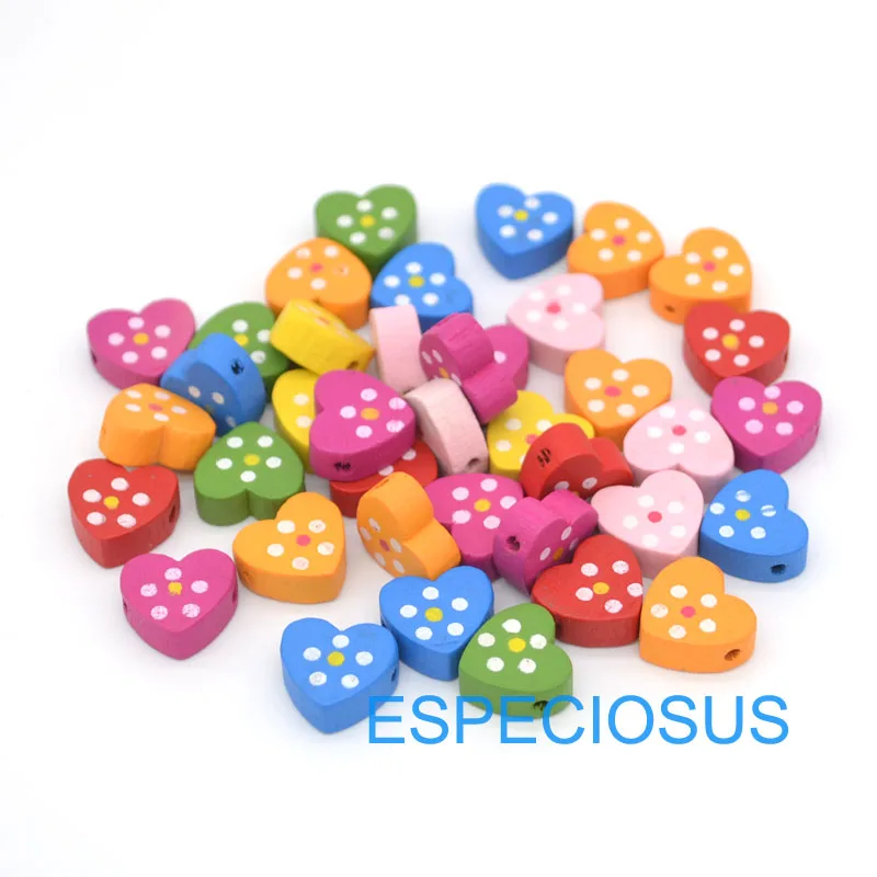 

50 pcs DIY Jewelry Accessory Mix Color Nature Wood beads With Point Flower Printed 14MM Cartoon Heart Shape handcraft Department