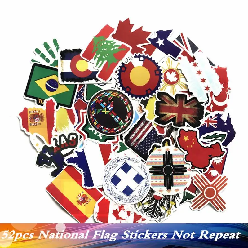 

52pc/Pack Brand World National Flag Funny Luggage Sticker PVC Suitcase Travel Car Laptop Fridge Skate Motorcycle Guitar Stickers
