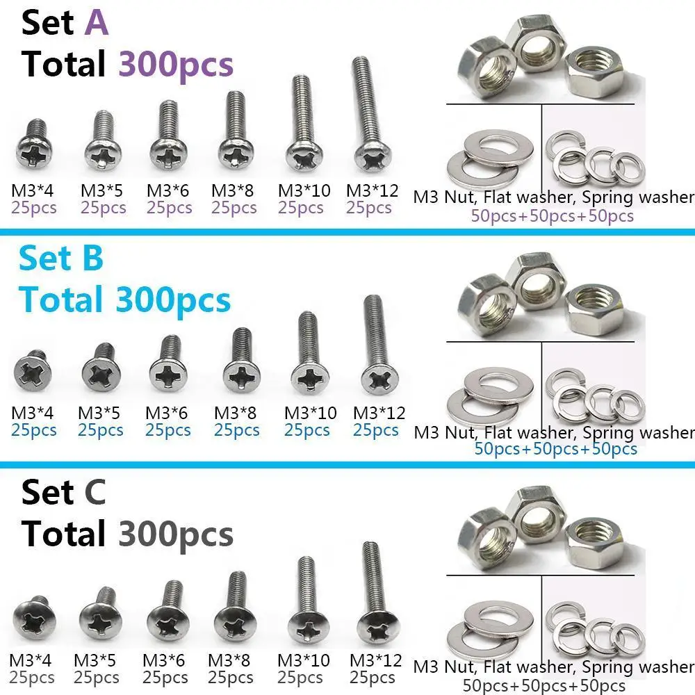 MTGATHER 300 шт. M3 304 Винты Из Нержавеющей Стали Phillips болт шестигранные гайки шайбы ассортимент Пан/плоский/ферменная головка