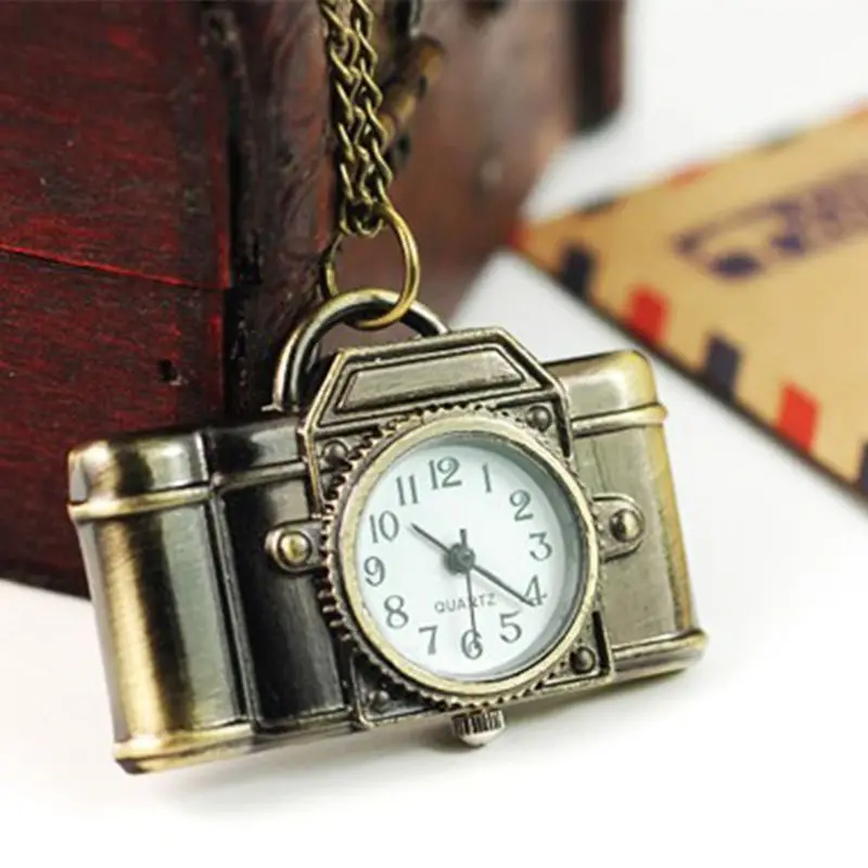 Карманные часы кварцевые винтажные в форме камеры мини цепь портативный Шарм женское ожерелье Кулон Бронзовый чайник подарки стимпанк