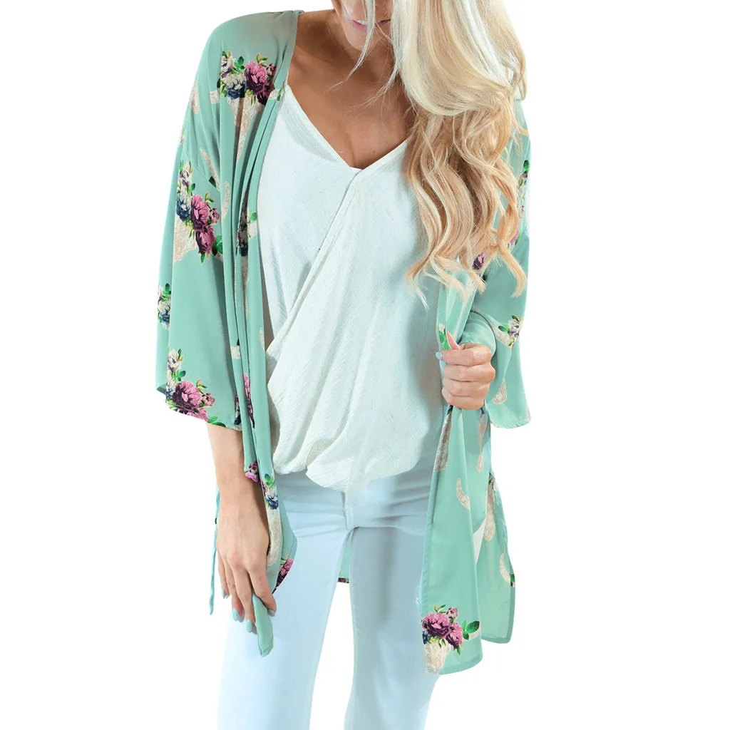 

2019 Fashion Women Chiffon Floral Print Cardigan Bikini Cover Up Shawl Summer Kaftan Beach Dress Swimsuit Pareos De Playa Mujer