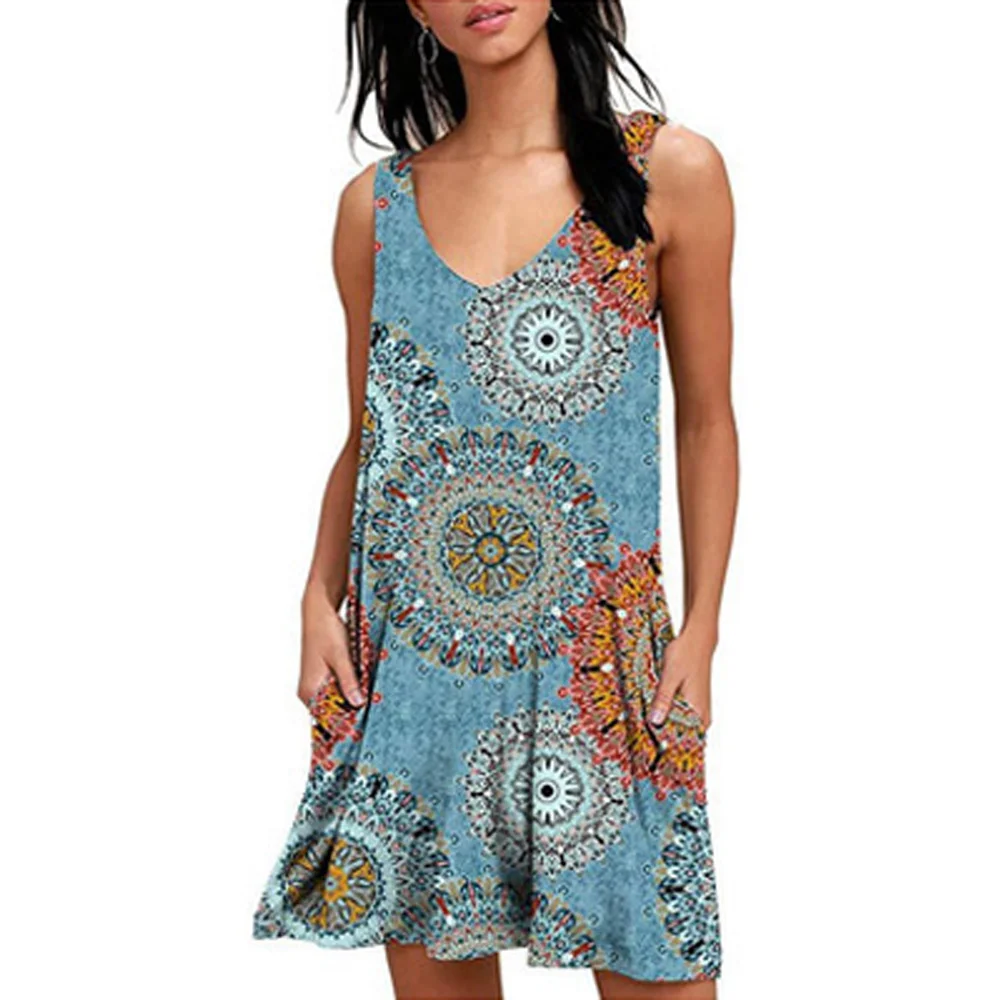 Женское Ретро повседневное свободное v образным вырезом без рукавов Летнее мини