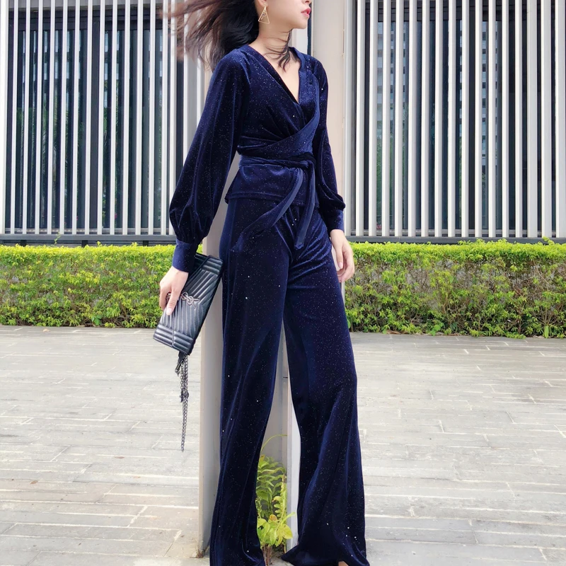 

Women Sweat Suit Set 2 Piece Top and Pants Sequined Velvet Slim Sets Cloth V-Neck Wide Leg Pants Street Blue Purple Dazzling