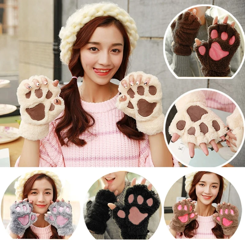 

Free delivery THINKTHENDO WOMEN Winter Cute Cat Paw Claw Plush Mittens Short Fingerless Finger Half Gloves