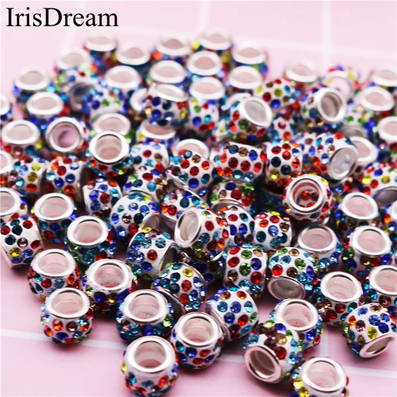 

20PCS Lot CZ Rhinestone European Large Hole Beads Resin Glass Spacer Beads Charms Fit For Pandora Bracelets Jewelry