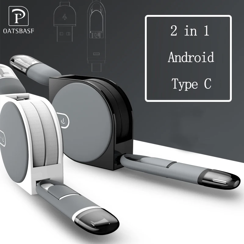 

OATSBASF 2 in 1 Type-C Micro USB Charge Data Cable for Samsung s9 plus for xiaomi 6x huawei p20 lite type c Retractable cable