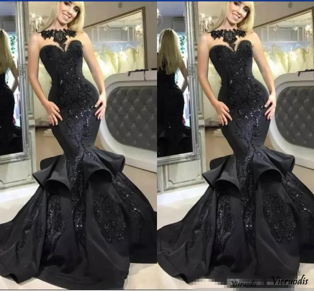 50-1             2018 Black Ruffle Mermaid Prom Dresses With Lace Appliques Sleeveless Sweetheart Sexy Evening Dress Custom Made Party Dress Formal Occasions
