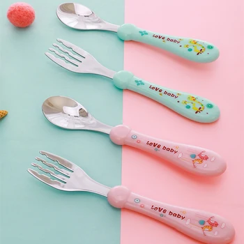 

2Pcs Lovely Baby Kids Feeding Spoon Fork Stainless Steel Baby Spoon Flatware Baby Fork And Spoon Set