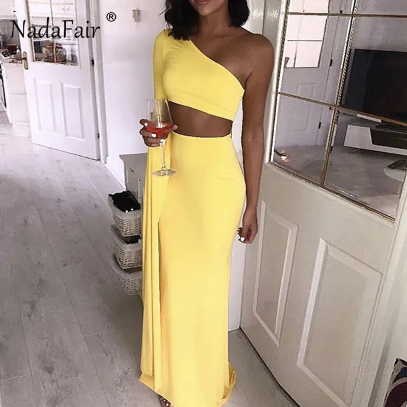 Nadafair évider Sexy Club robes de soirée femmes à manches longues moulante Maxi robes élégant Wrap une épaule Longue Robe Femme