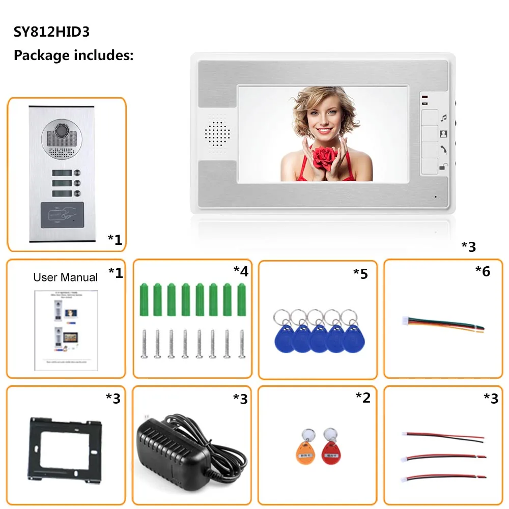 Проводная видеодомофон Системы s 3 квартиры 7 inch видео домофон Системы RFID IR-CUT HD 1000TVL дверной звонок Камера