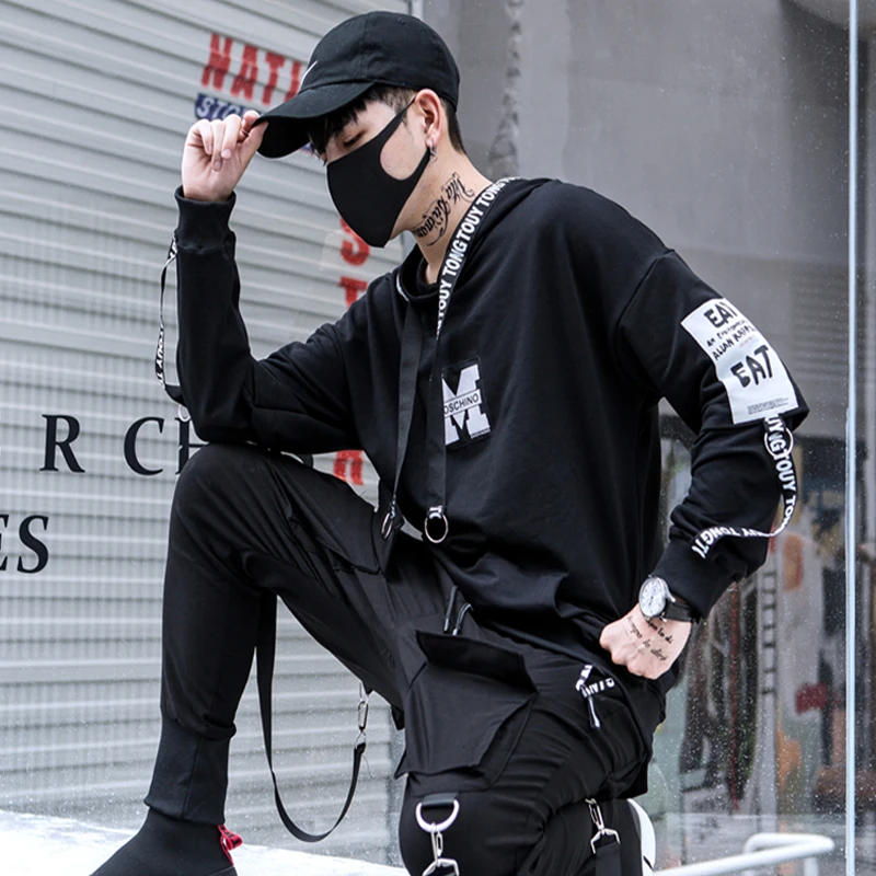 Nuevo Swag negro elegante cinta impresa carta hombres sudaderas con capucha Hip Hop otoño masculino juvenil Punk pulóver Streetwear|Sudaderas con capucha y sudaderas| - AliExpress