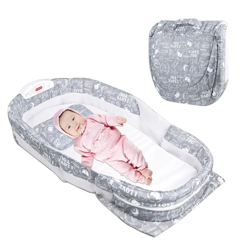 Детская кроватка складная детская спальная кровать с музыкой портативная спальная корзина для путешествий - Цвет: Gray