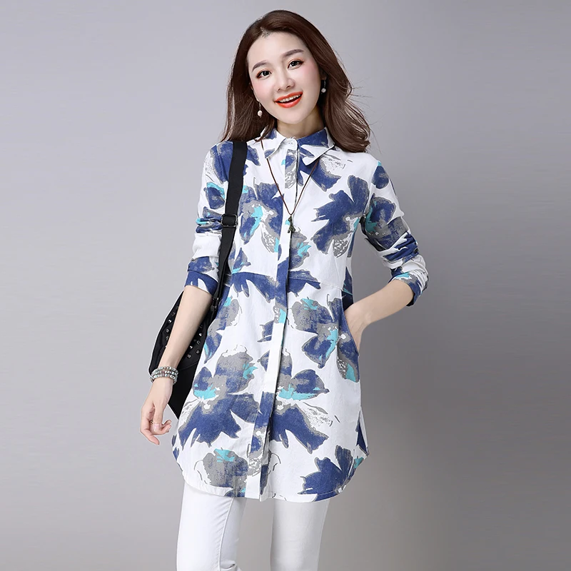 2915 Spring 2019 Long Sleeve Floral Print Shirt Women Linen Cotton