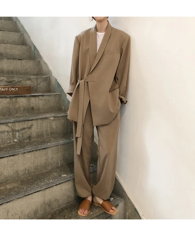 Новое поступление, Женские однотонные брюки с длинным рукавом, костюм на шнуровке, блейзер с высокой талией, широкие брюки, хаки, шикарный комплект из 2 предметов S97401F