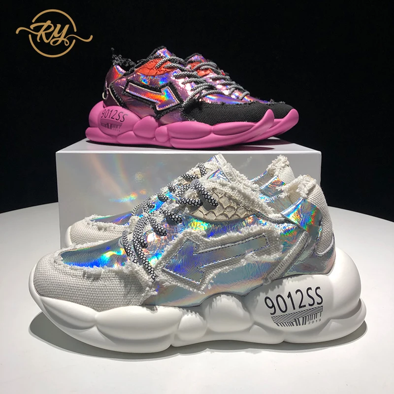 

RY-relaa fashion women's shoes 2019 new net red thick platform shoes denim casual sports shoes colorful leather running shoes
