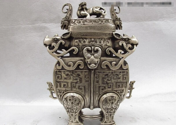 

USPS to USA S0697 Chinese Folk Classical White Copper Silver Foo Dog Lion Beast bottles Pot Vase