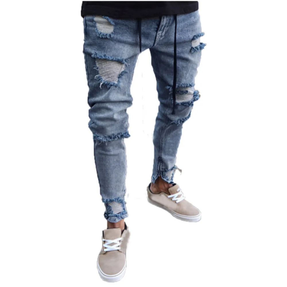 

Clothes Men Jeans Elastic Slim Plus Size 3XL Distressed Pencil Denim Trousers Fashion Casual Bleached Hole Ripped Jeans Boys