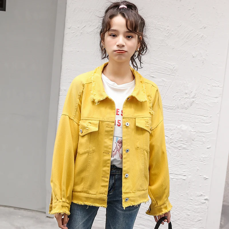 Ripped Yellow Denim Jacket Long Sleeve Women's Distressed Outerwear