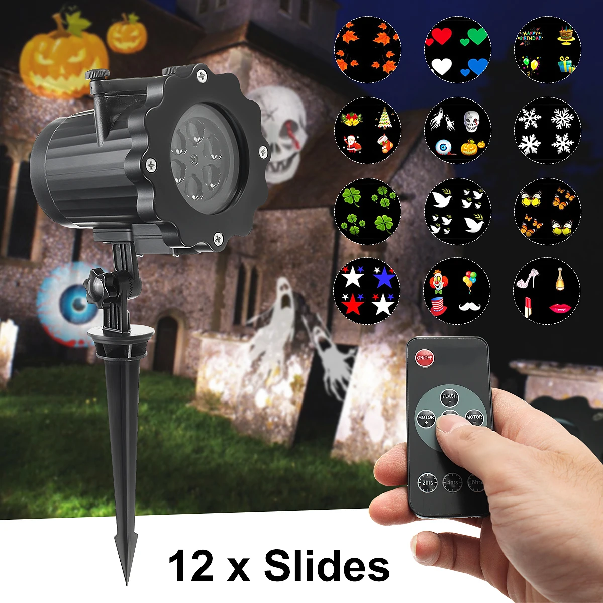 

Christmas Outdoor Moving Laser Projector LED Light+12 Slides+Remote Control 100-240V 6W 4 LED Lights Waterproof Lightweight