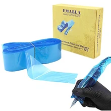 EMALLA 125Pcs Tattoo Machine Pen & Clip Cord Sleeves Bags Supply Blue Disposable Covers Bags For Tattoo Machine & Clip Cord
