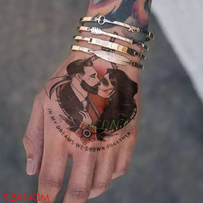 

Waterproof Temporary Tattoo Sticker Kiss Couple Grim Reaper Murder Fake Tatto Flash Tatoo Back of Hand Tatouage for Women Men