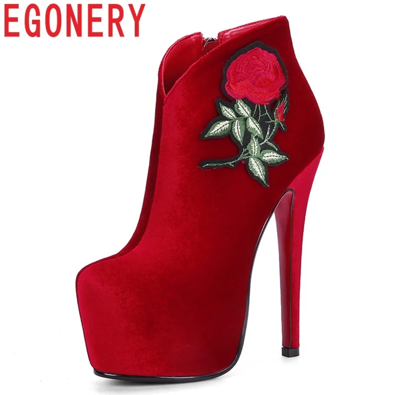 

EGONERY hot sale newest flock super high thin heels platform booties winter warm fashion sexy party black and red women shoes