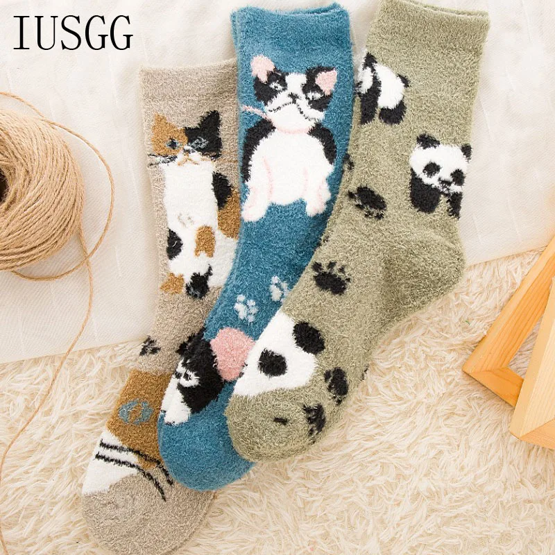 

3 pairs Natural Rabbit Fur Women Socks Wool Upscale Soft Warm Winter Socks Coolmax Thick Cute Animal Pattern School Style Knit
