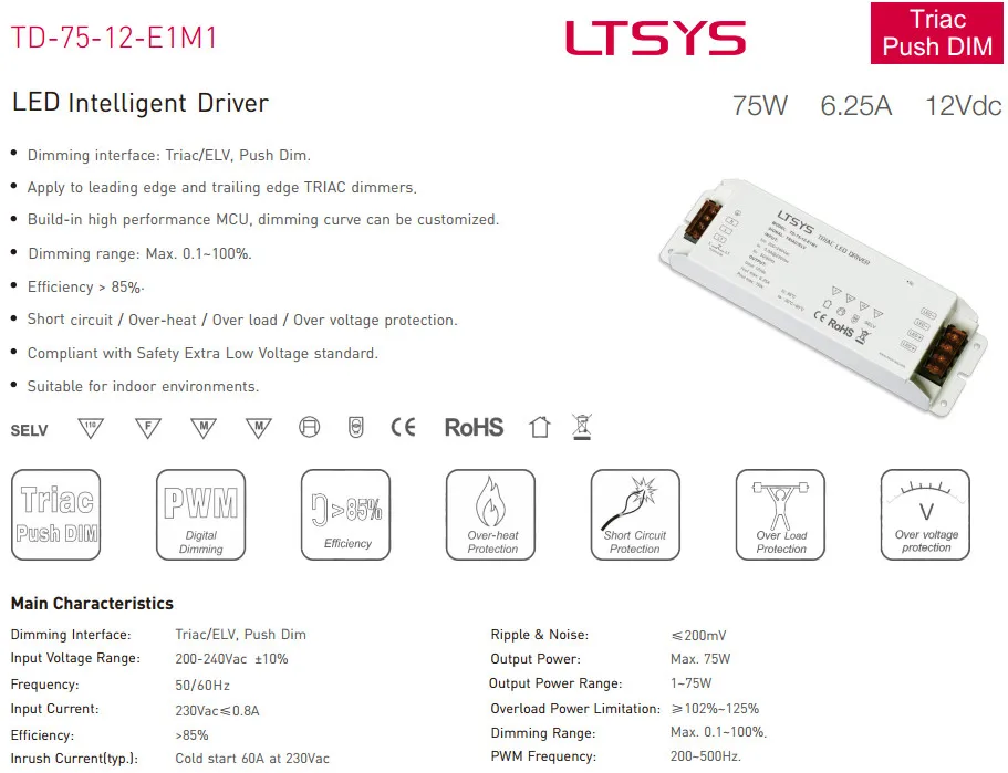 TD-75-12-E1M1 LTECH 200V-240VAC светодиодный драйвер; 12VDC 6.25A 75 Вт Постоянное Напряжение CV Triac Диммируемый светодиодный драйвер Triac Push Dim