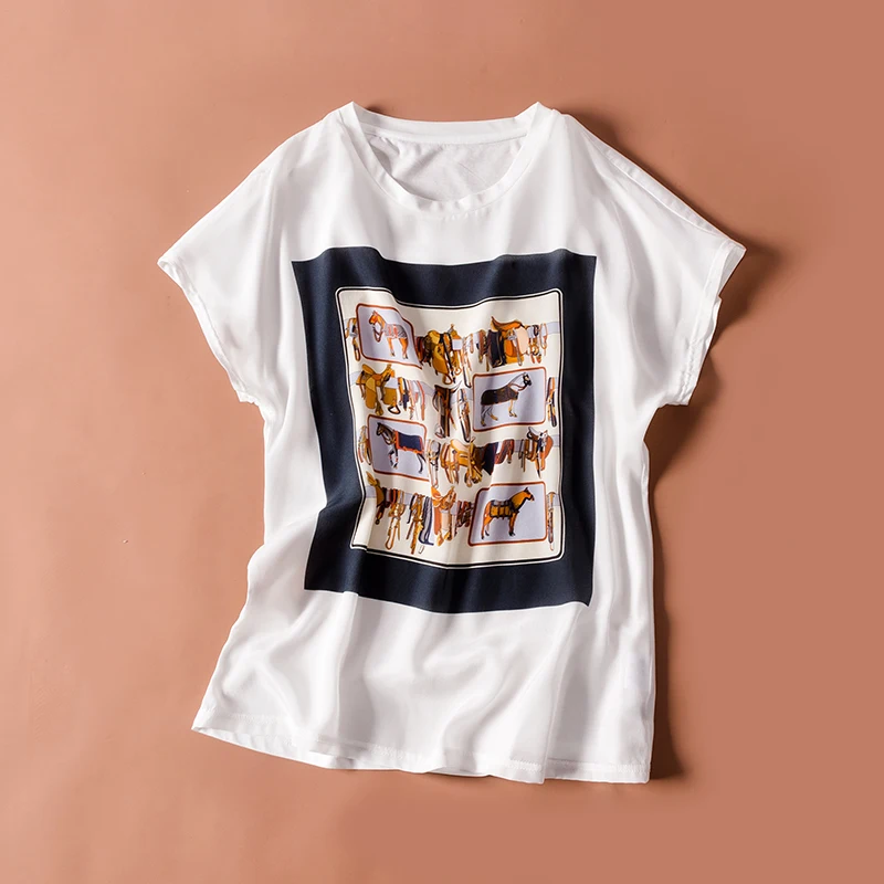 Женская футболка натуральная шелковая Передняя футболка с коротким рукавом летучая мышь Повседневная футболка с круглым вырезом Весна Лето Топ темно-синий белый