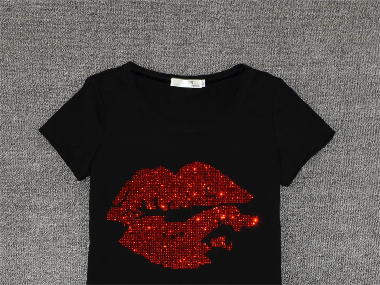 Весна-лето, новинка, женская футболка с коротким рукавом, ярко-красные губы, губы, тонкая хлопковая рубашка, яркие бриллиантовые блестки, большой размер 4XL 621