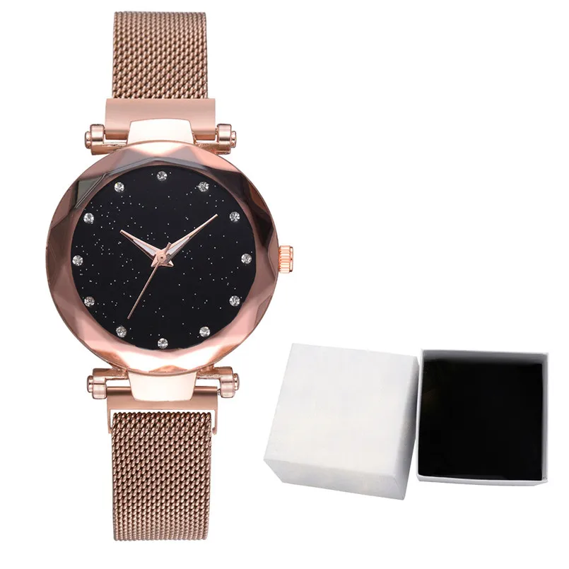 

Fashion Starry Sky Dial Quartz Mesh Belt Magnetic Buckle Ladies Watch With Box Mesh Magnet Buckle Watch Casual Geometric Clock