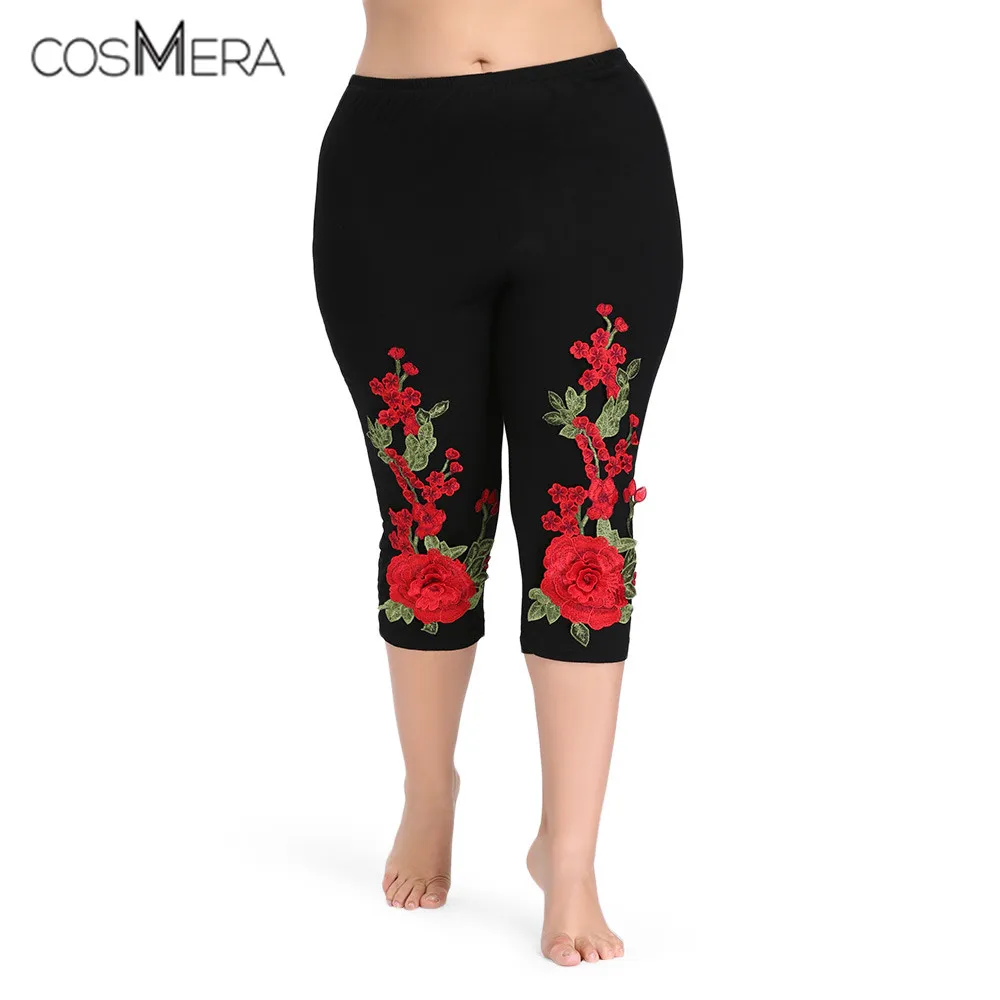 CosMera Capri Mid Elastic Waist Floral Embroidery Plus Size Summer