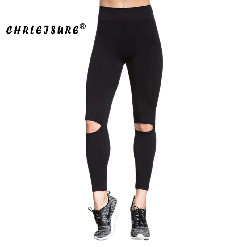 

CHRLEISURE S/M/L Black Hollow Leggings Women Fashion Knee Hole Legins Pants Trousers Elasticity Sexy Fitness Leggings