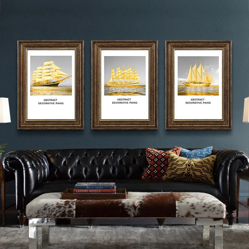 HAOCHU Canvas Art Print Decorative Decorative Painting Traditional Gold Boat Sailing Home Mural Living Room Study Wall Poster