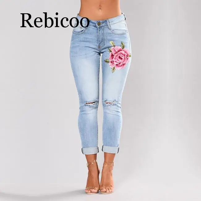 

Stretch Embroidered Jeans For Women Elastic Flower Jeans Female Slim Denim Pants Hole Ripped Rose Pattern Jeans Pantalon Femme