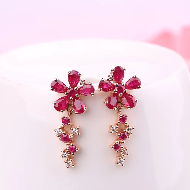 Robira Natural Burmese Ruby Earrings 14K Rose Gold Material Flower ...
