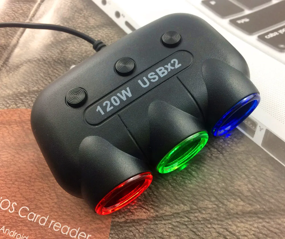 12V 24V 120W 3 Way Auto Sockets Car Cigarette Lighter Splitter Dual USB Power Adapter Switch Charger For iPHONE Samsung MP3 etc.