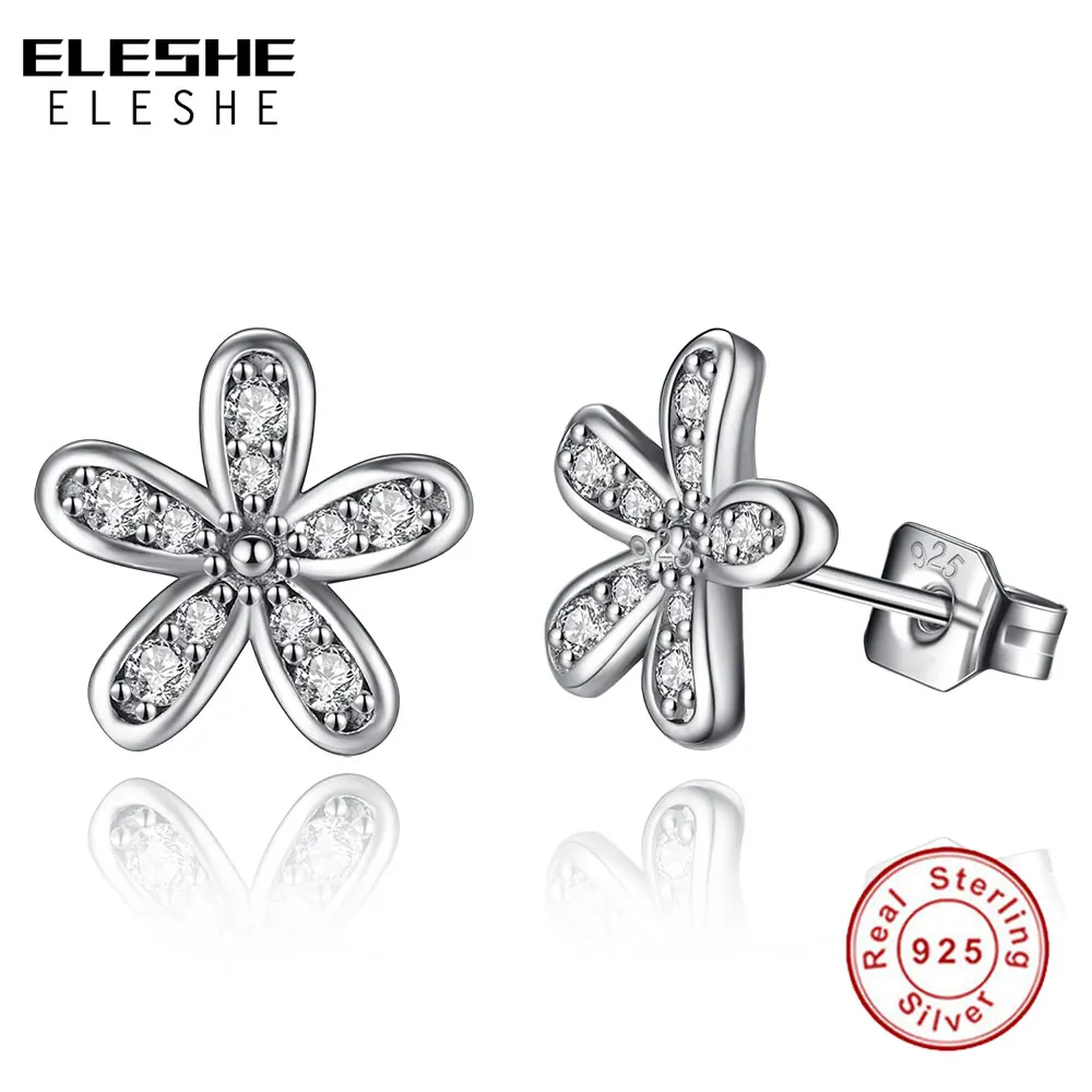 ELESHE, 925 пробы, серебряные ослепительные серьги-гвоздики с ромашками, с прозрачными фианитами, ювелирные изделия, Кристальные серьги для женщин, подарок на день Святого Валентина