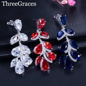 

ThreeGraces White Gold Color Long Leaf Cubic Zirconia Crystal Large Dangling Women Earrings With Blue Red Zircon Stone ER078