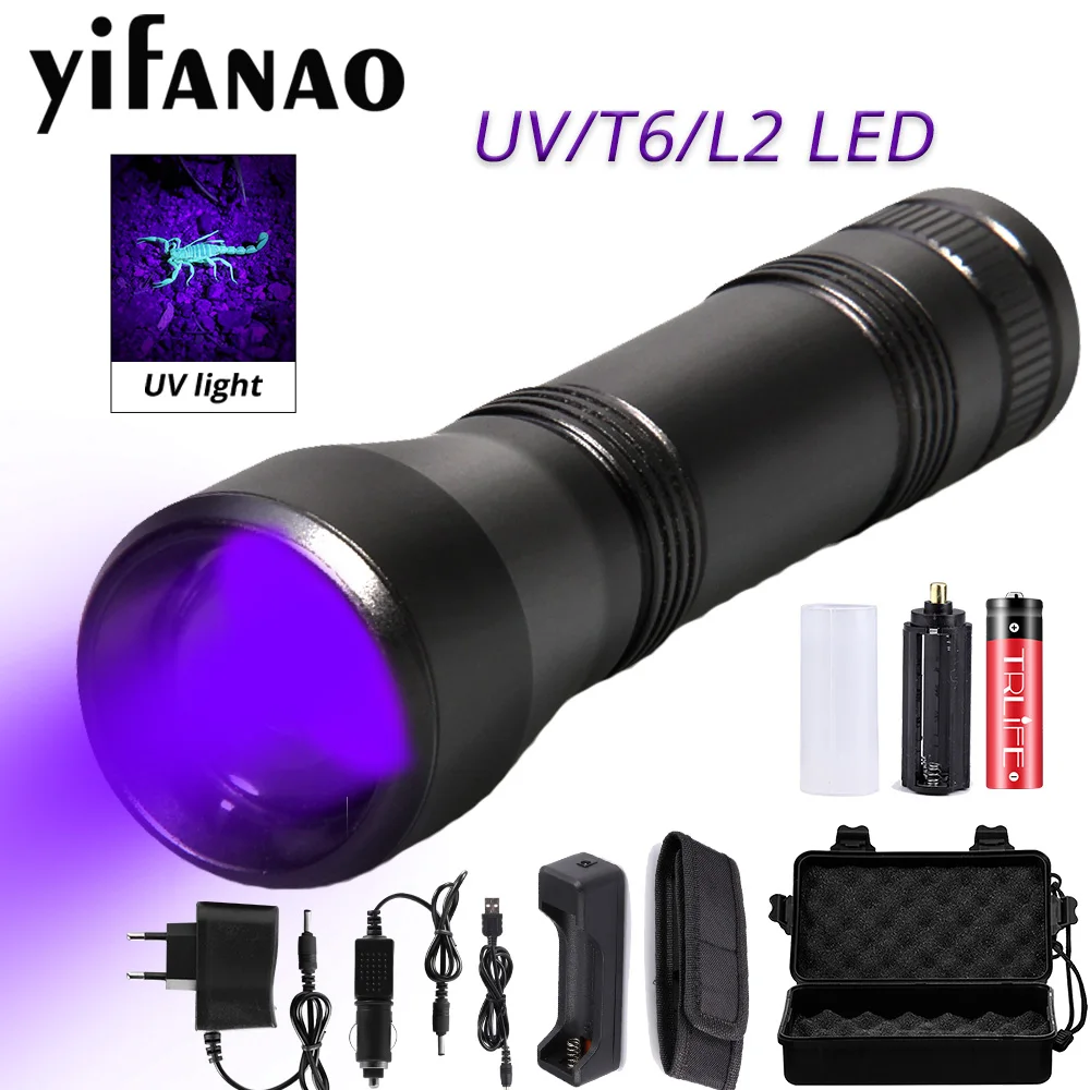 

1000LM LED Flashlight UV Torch Ultraviolet Lamp L2/T6 White Light 18650 Rechargeable 5 Modes Zoom 395nm Blacklight