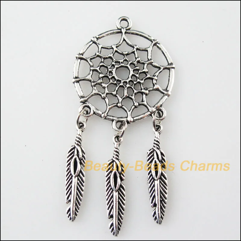 

3Pcs Tibetan Silver Tone Flower Feather Tassels Charms Pendants 28x63mm
