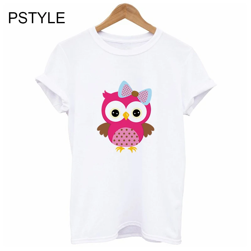

Summer T Shirt for Women Girls Kawaii Pink Owl Print 2019 Tee Swish White Female Tops Chic Women Clothes Short Sleeve TShirt