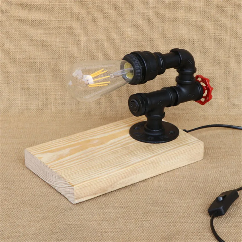 

Steampunk Water Pipe Table Lamp Vintage Style Desk Light E27 Holder Wood Base Modern Antique Table Light study light fixtures