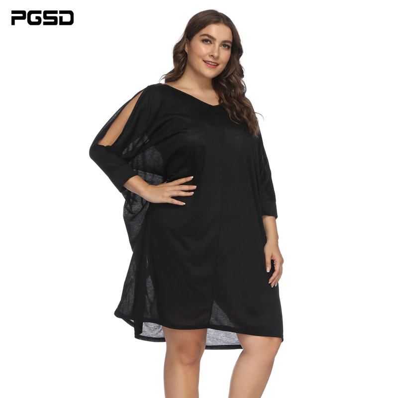 

PGSD Simple black Big size women clothes Vcollar Three Quarter Sleeve Sunscreen Semitransparent Backless strapless Dress female