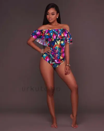 

Women Boho Floral Print One Piece Bikini Off Shoulder Ruffle Monokin Swimsuit